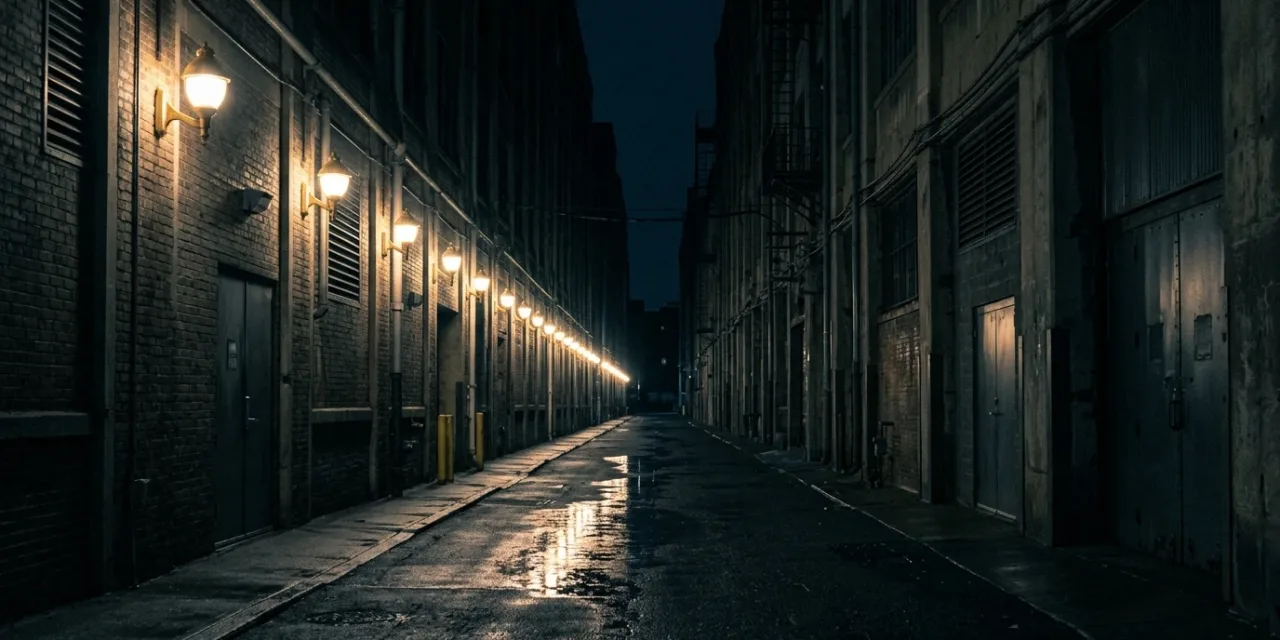 Allée d’une zone d’activité éclairée la nuit